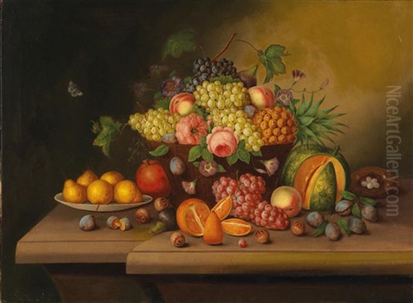 Large Still Life With Fruit On A Stone Slab Oil Painting by Georg (Johann G.) Seitz
