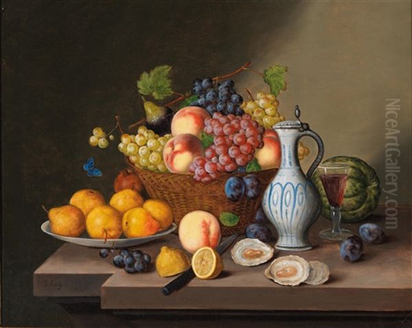 Large Still Life With Fruit, Pottery Jug, Oysters And Melons Oil Painting by Georg (Johann G.) Seitz