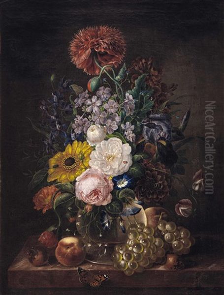Stillleben Mit Blumen, Obst Und Schmetterling Oil Painting by Georg (Johann G.) Seitz
