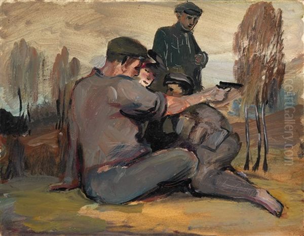 Fishing On The Northern Sosva River, Hunters At Rest And Kindling A Fire (from The Pripolyarnyi Ural Series) (3 Works) Oil Painting by Roman Semashkevich