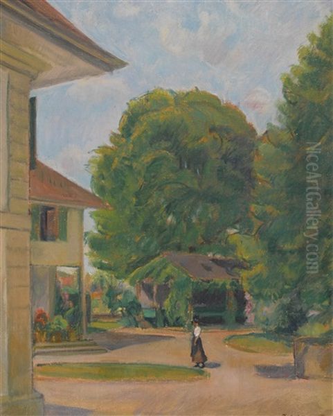 Sommerliche Hauspartie Mit Trachtenfrau Oil Painting by Traugott Senn