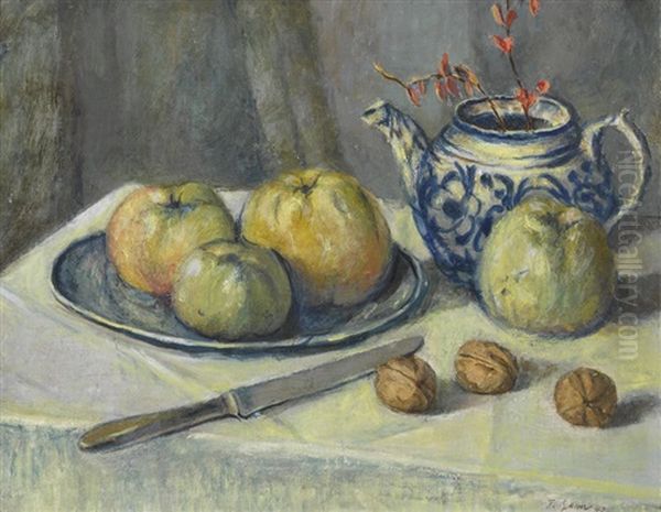 Stillleben Mit Obst, Nussen Und Teekanne Oil Painting by Traugott Senn