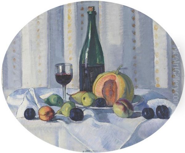 Stillleben Mit Wein Und Fruchten Auf Weissem Tischtuch Oil Painting by Traugott Senn