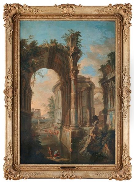 Capriccio Med Figurer Oil Painting by Giovanni Niccolo Servandoni