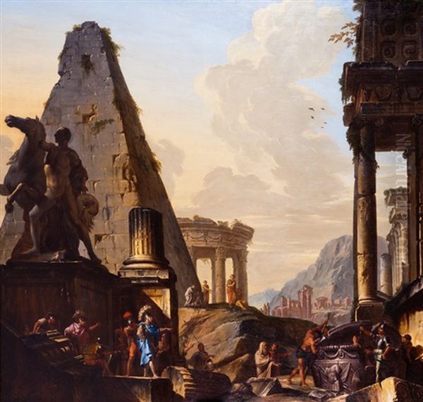 Capricho De Ruinas Clasicas Con Alejandro Magno Abriendo La Tumba De Aquiles Oil Painting by Giovanni Niccolo Servandoni