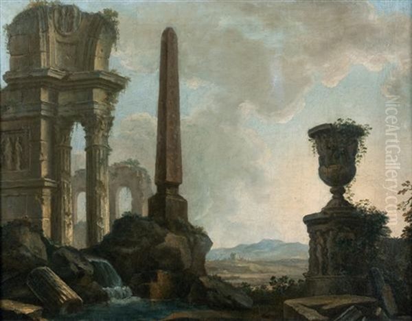 Caprice Architectural Dans La Campagne Romaine Oil Painting by Giovanni Niccolo Servandoni