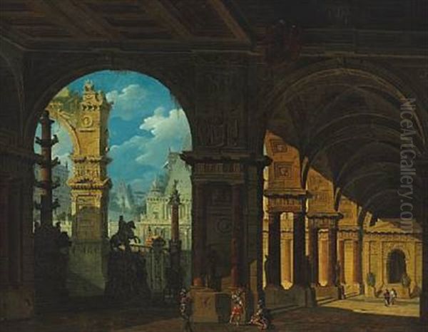A Caprice Of Classical Buildings, In The Foreground Roman Soldiers In A Colonnade Oil Painting by Giovanni Niccolo Servandoni