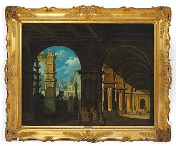 A Capriccio Of Classical Buildings, In The Foreground Roman Soldiers In A Colonnade Oil Painting by Giovanni Niccolo Servandoni