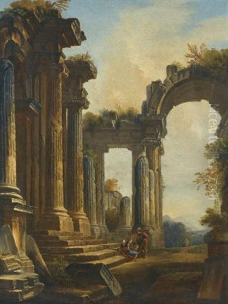 A Capriccio Of Classical Ruins With Three Men Conversing At The Steps Of A Temple Oil Painting by Giovanni Niccolo Servandoni