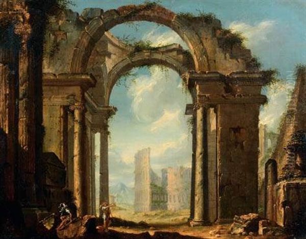 Capriccio De Ruines Romaines Avec Le Colisee, La Pyramide De Caius Cestius Et Le Temple De Vesta Oil Painting by Giovanni Niccolo Servandoni