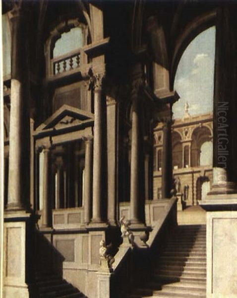 Caprice Architectural A L'escalier Monumental Oil Painting by Giovanni Niccolo Servandoni