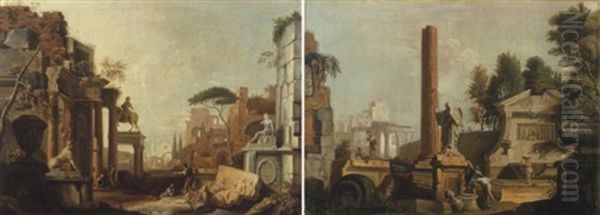 Personnages Au Milieu De Ruines Antiques Oil Painting by Giovanni Niccolo Servandoni