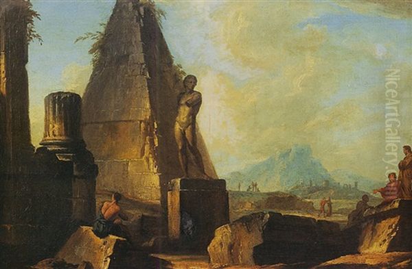 Ruines D'un Temple Antique Avec Une Statue Pres De La Pyramide De Caius Cestius Oil Painting by Giovanni Niccolo Servandoni