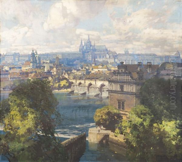 A View Of Prague Castle From Bellevue Oil Painting by Jaroslav Setelik