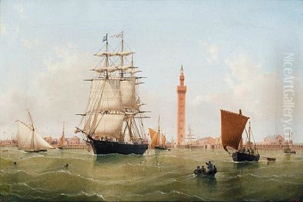 A Three-masted Merchantman Leaving Grimsby On The High Tide With The Dock Tower Off Her Stern Oil Painting by William Frederick Settle