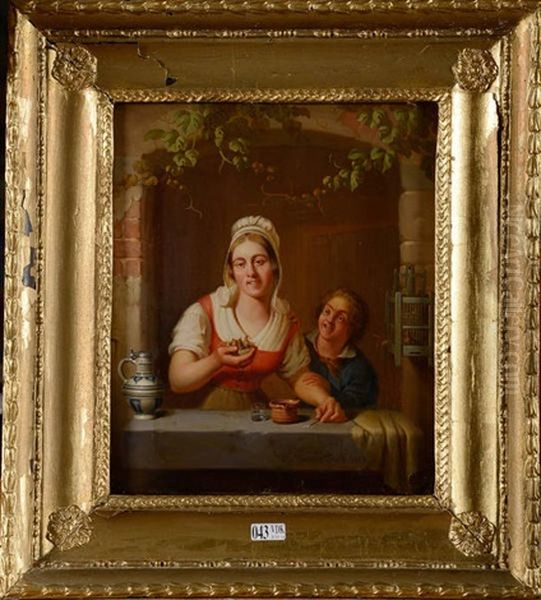 Jeune Femme Et Jeune Garcon Jouant A La Fenetre Avec Un Nid Oil Painting by Joseph Van Severdonck