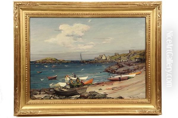 Lobstermen Working Harbor Beach, Monhegan Island, Maine Oil Painting by Robert Van Vorst Sewell
