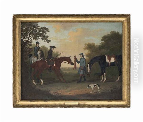 A Gentleman And Lady On Their Hunters, With A Groom Holding A Hare, With Two Greyhounds And A Hunter, In A Wooded Landscape Oil Painting by James Seymour