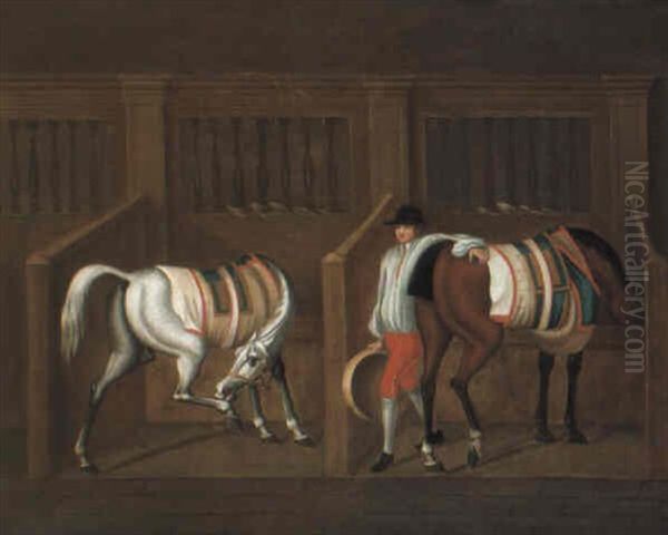 Mr. Ambrose Phillip's Two Racehorses In A Stable With A Groom Oil Painting by James Seymour