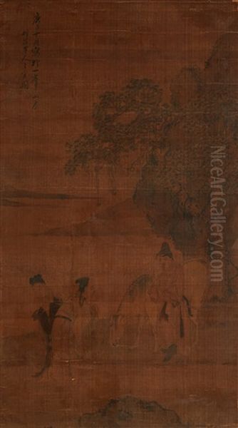 A Horse-rider Meets A Strolling Couple Oil Painting by Shangguan Zhou