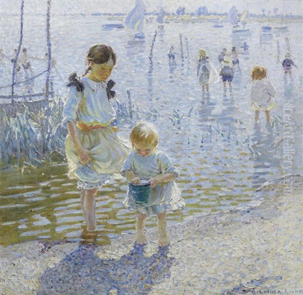 Children Playing By The Shore Oil Painting by Dorothea Sharp