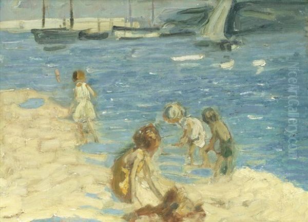 Children Playing In The Shallows Oil Painting by Dorothea Sharp