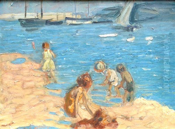 Children Playing In The Harbour At Low Tide Oil Painting by Dorothea Sharp