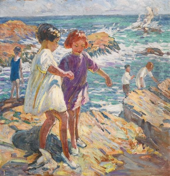 Children On The Rocks (verso), Treading Carefully (recto) Oil Painting by Dorothea Sharp