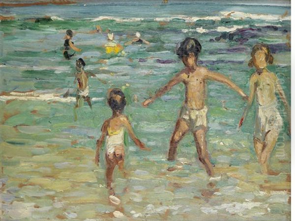 Children Paddling (+ Sketch Of 3 Children, Verso) Oil Painting by Dorothea Sharp