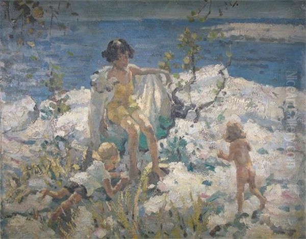 A Mother And Her Children On A Beach Oil Painting by Dorothea Sharp