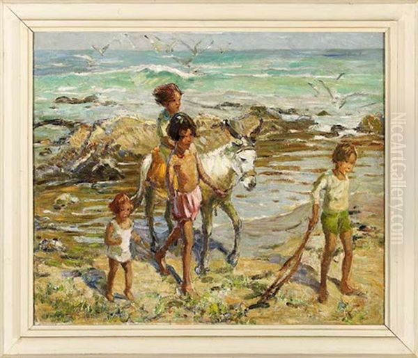 Children At The Beach With A Donkey Oil Painting by Dorothea Sharp