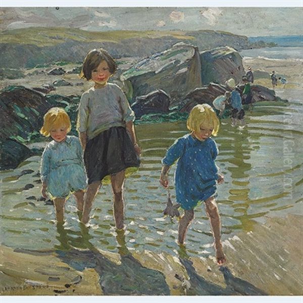 Children On The Beach (+ In The Garden, Verso) Oil Painting by Dorothea Sharp