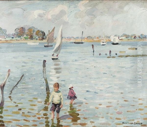 Children Paddling At Bosham, West Sussex (+ Two Figures, Verso) Oil Painting by Dorothea Sharp