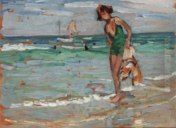 Testing The Water (+ Girl With A Green Bathing Suit, Oil On Paper Laid On Board; 2 Works) Oil Painting by Dorothea Sharp