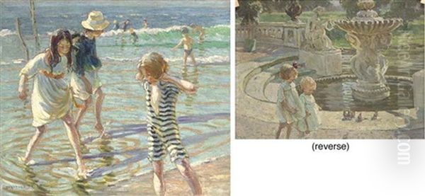Children Paddling On The Beach (+ Feeding The Pigeons, Verso) Oil Painting by Dorothea Sharp