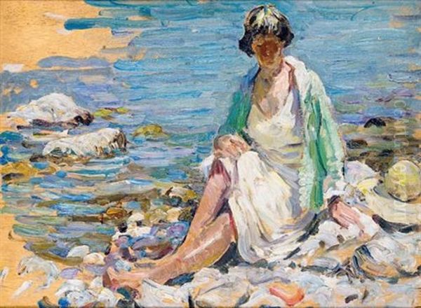 A Woman By The Shore (+ Baby, Verso) Oil Painting by Dorothea Sharp