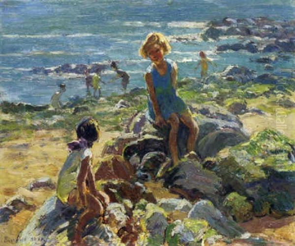 Children Sitting On The Rocks Oil Painting by Dorothea Sharp