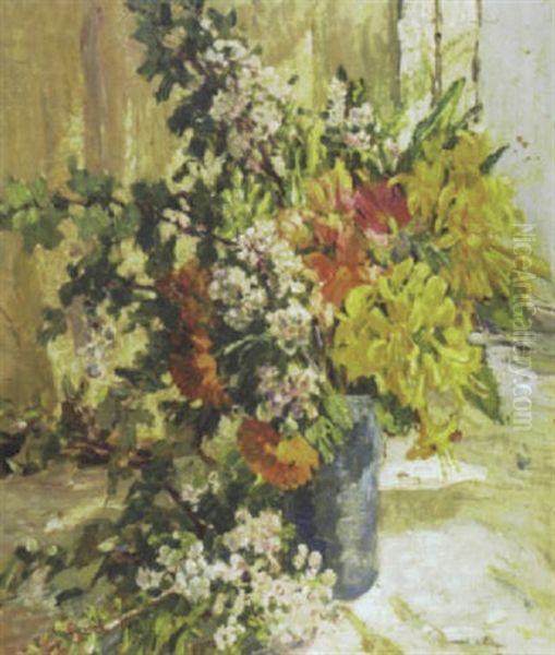 Still Life Of Flowers In A Blue Vase Oil Painting by Dorothea Sharp