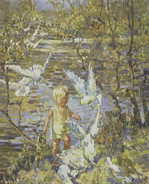Young Boy Playing With Doves Oil Painting by Dorothea Sharp