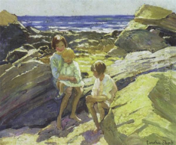 Children On A Rocky Shore Oil Painting by Dorothea Sharp