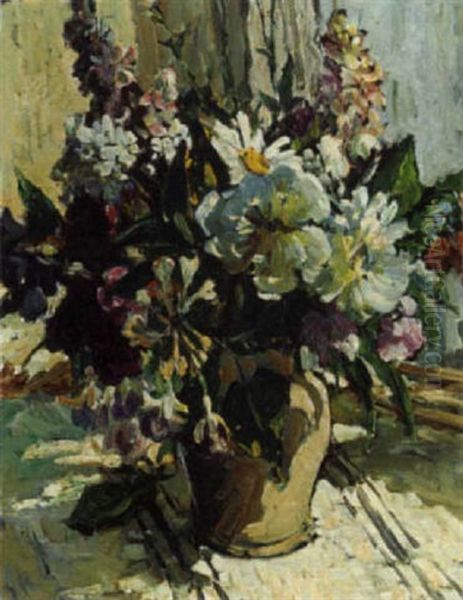 Honeysuckle, Daisies, Hollyhocks And Fuchsia On Window Ledge Oil Painting by Dorothea Sharp