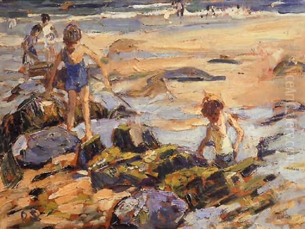 Children And Rock Pools Oil Painting by Dorothea Sharp