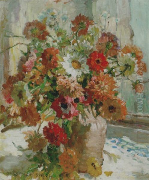 Still Life With Dahlias And Daisies On A Windowsill Oil Painting by Dorothea Sharp