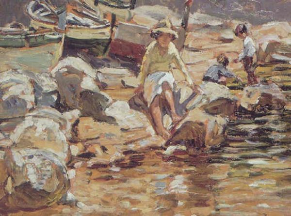 Children Paddling At St. Ives Oil Painting by Dorothea Sharp