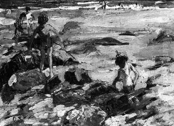 Children And Rock Pools, Low Tide Oil Painting by Dorothea Sharp
