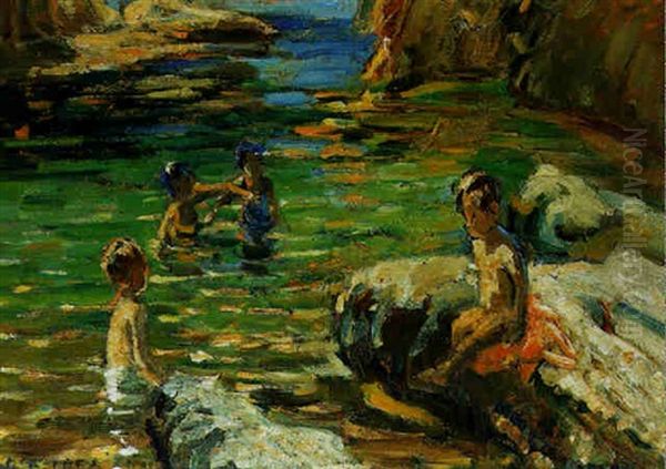 Children In A Rocky Cove Oil Painting by Dorothea Sharp