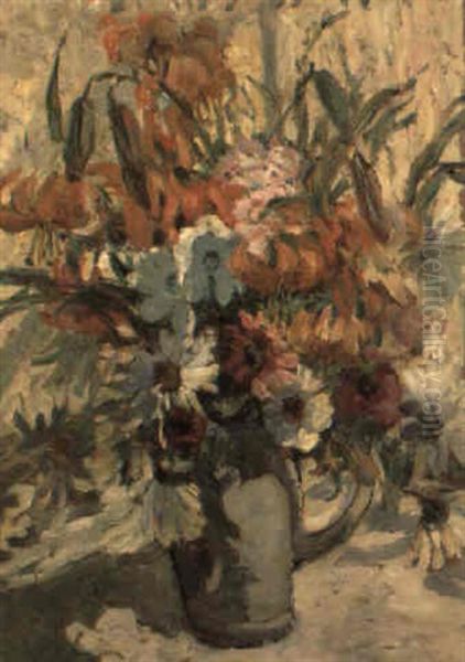 Still Life Of Summer Flowers In An Earthenware Jug Oil Painting by Dorothea Sharp