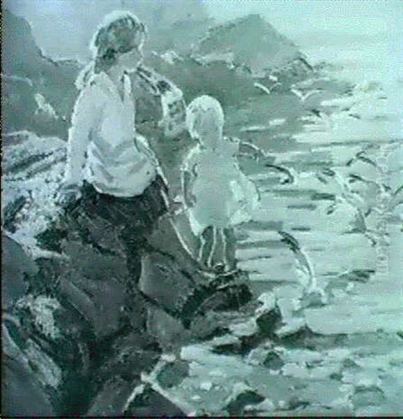 A Young Girl And Small Child By The Waters    Edge Oil Painting by Dorothea Sharp