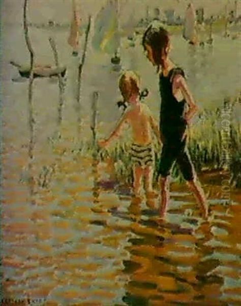 Children Paddling In The Shallows Oil Painting by Dorothea Sharp