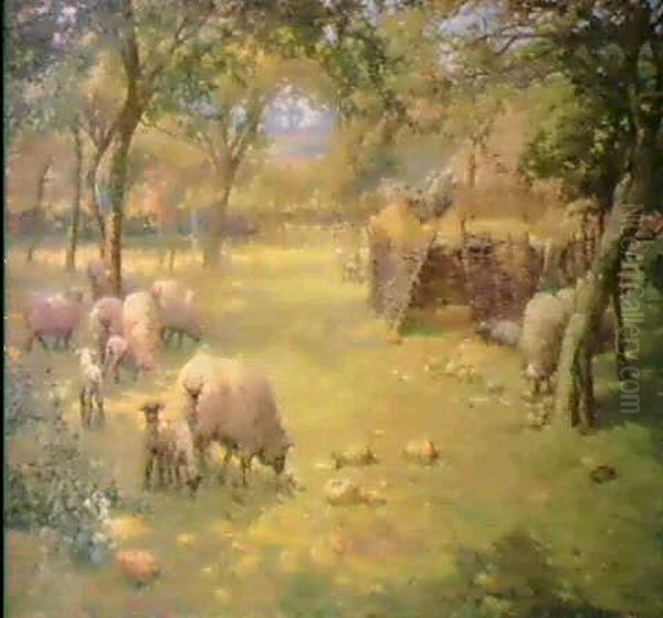 Sheep In A Wooded Landscape, Farm Buildings Beyond Oil Painting by Dorothea Sharp